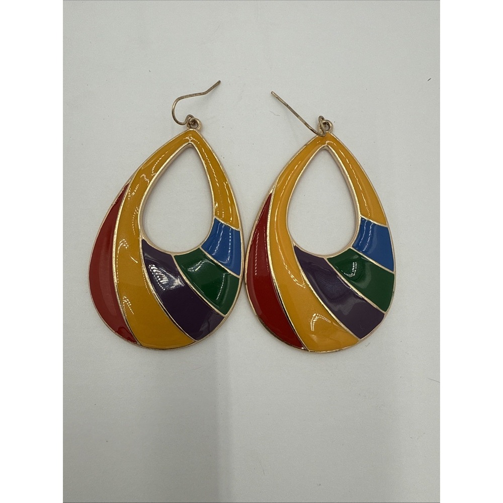 Vintage Funky Rainbow Striped Enamel Tear Drop Earrings Retro‎ 80s